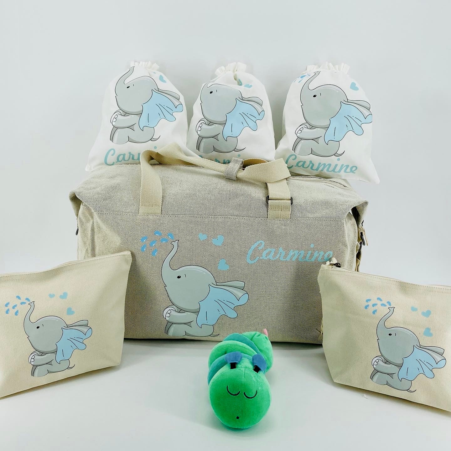 Borsone elefantino, 2 pochette e 3 sacchi in cotone organico - Be Brave Boutique