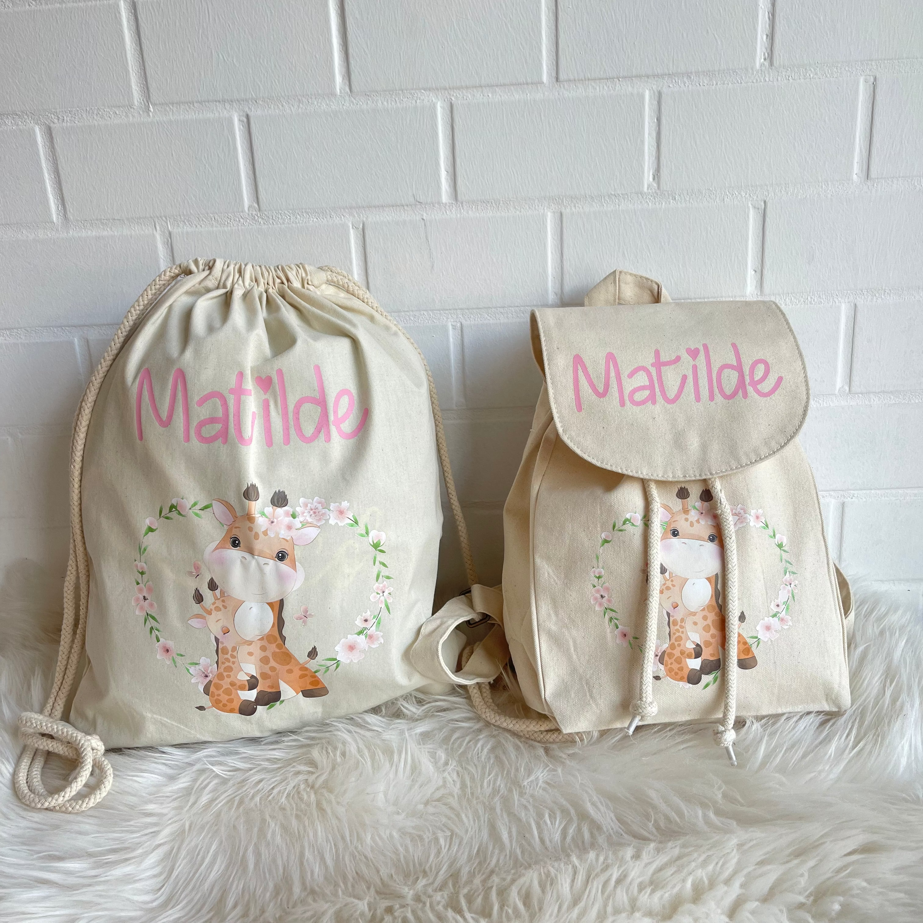 Mini Zaino in cotone e Sacca personalizzabile giraffine - Be Brave Boutique
