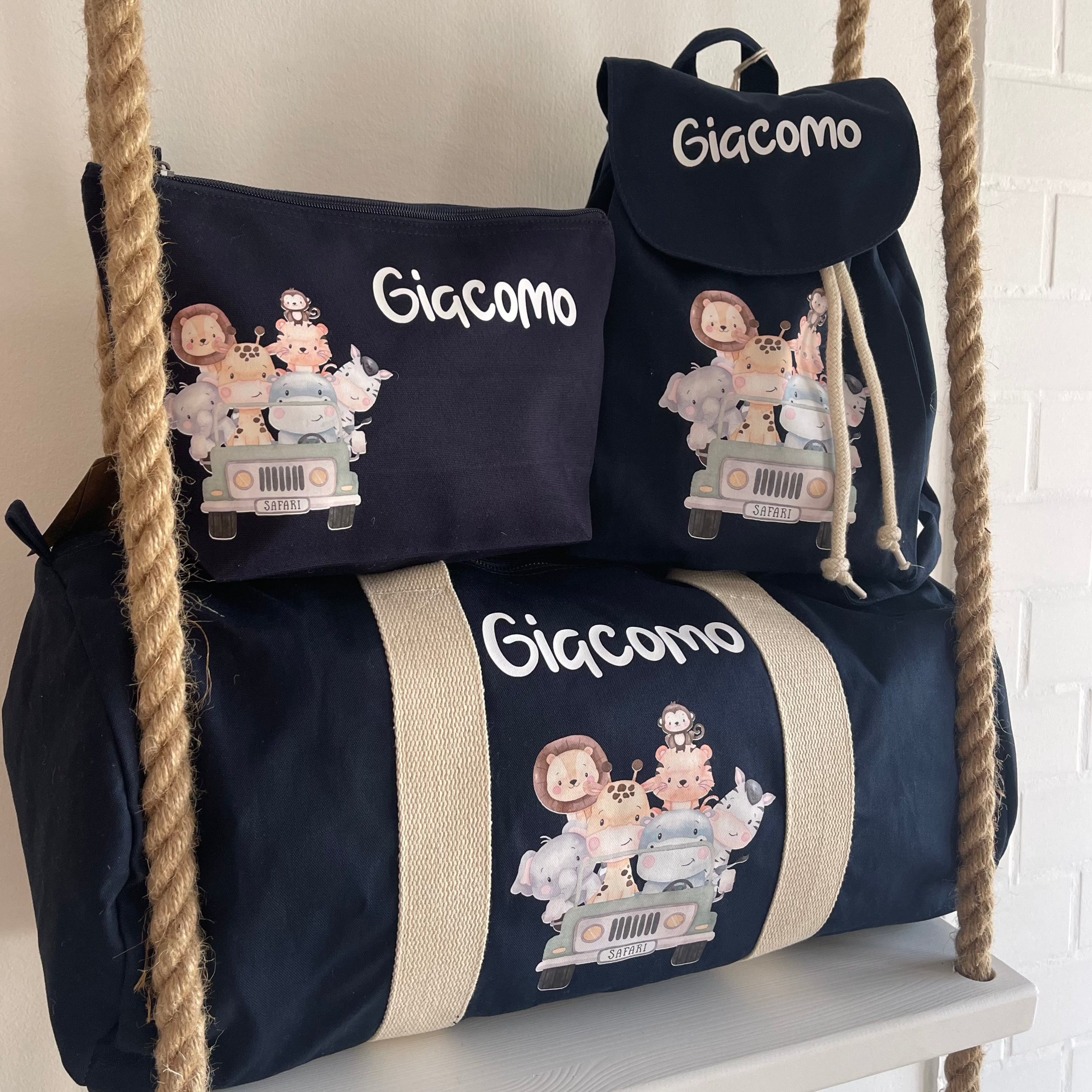 Borsone, zaino e pochette in cotone Safari personalizzabile - Be Brave Boutique