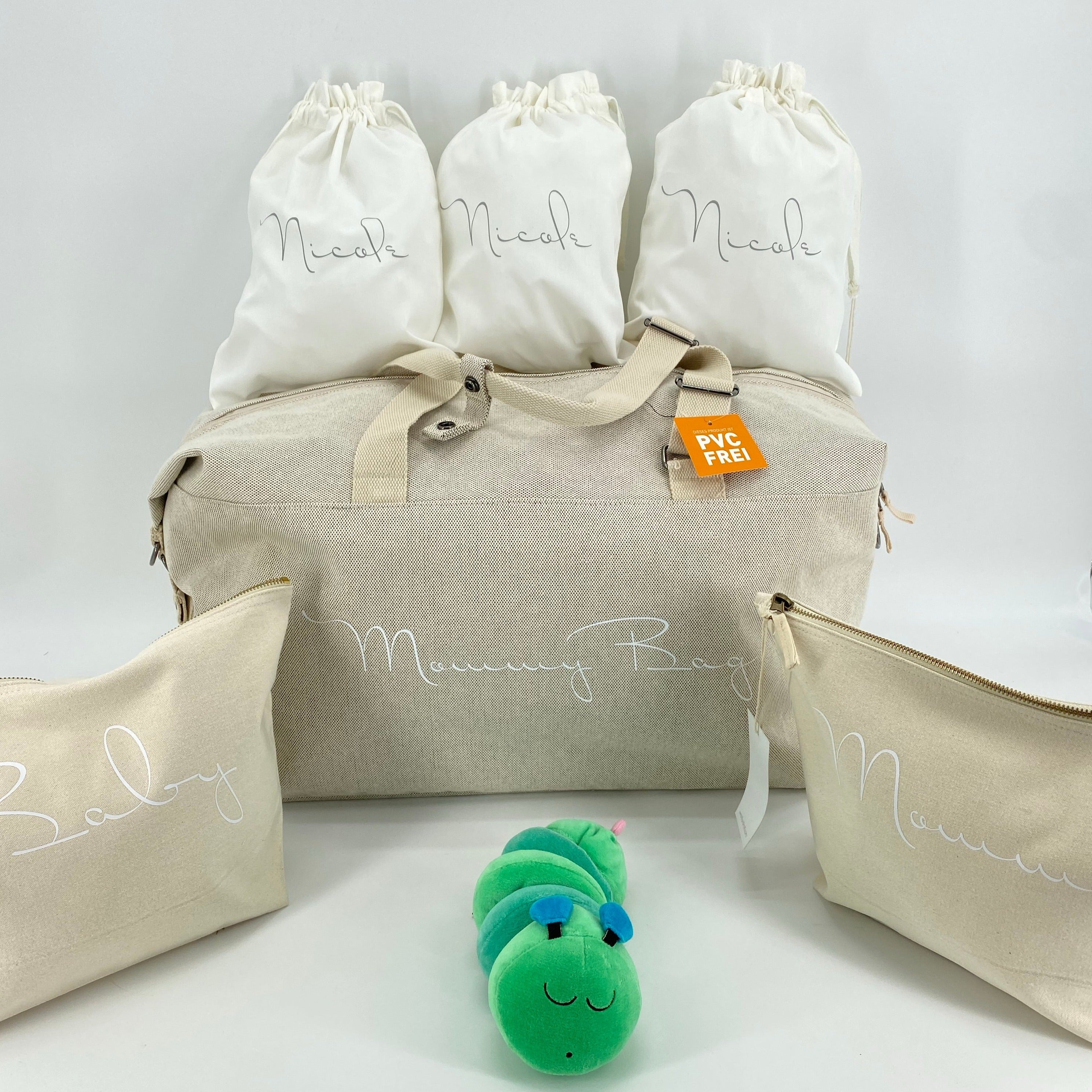 Borsone mommy bag, 2 pochette MEDIE O LARGE e 3 sacchi in cotone organico ABBINATI E PERSONALIZZATI - Be Brave Boutique