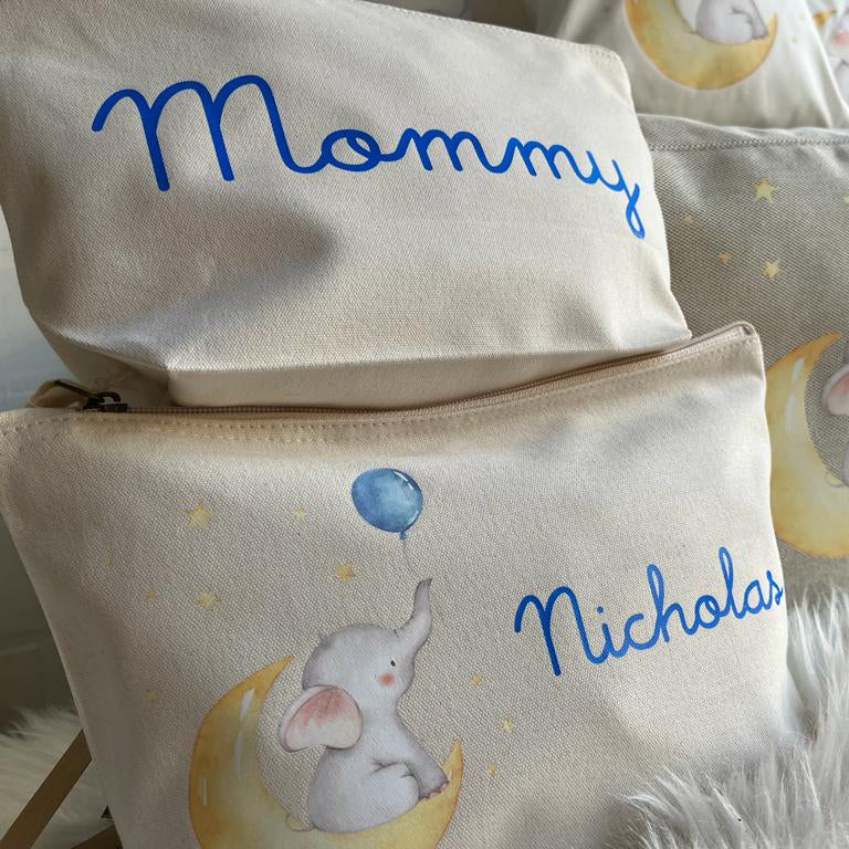 Borsone Elefantino sulla luna , 2 pochette e 3 sacchi in cotone organico - Be Brave Boutique