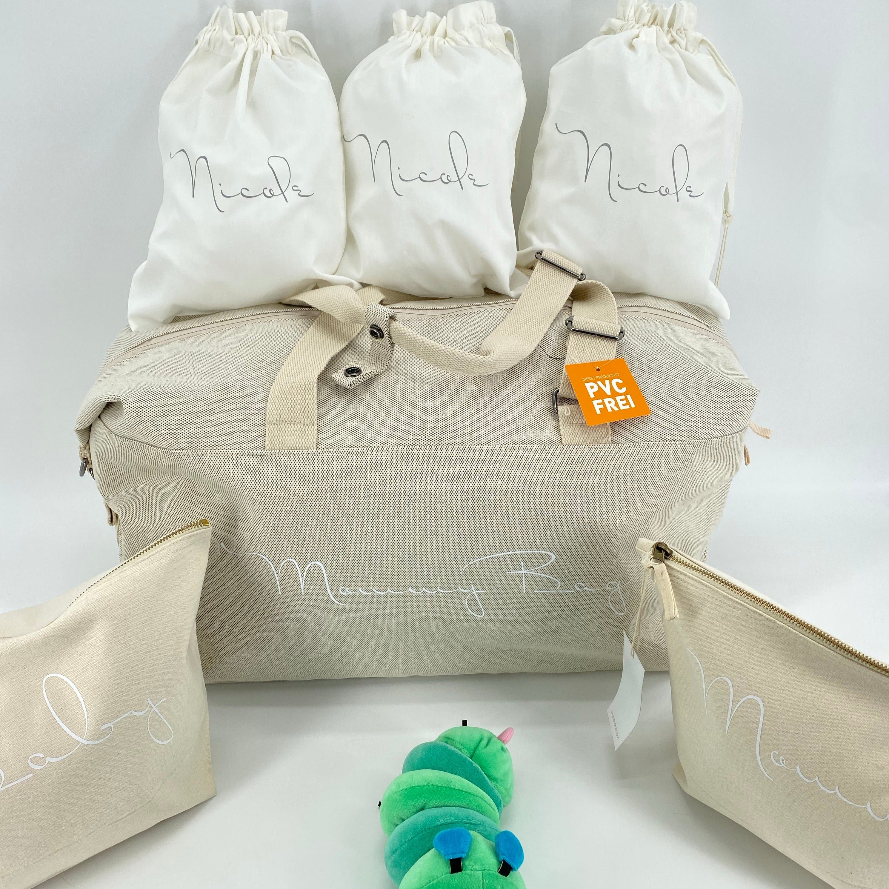 Borsone mommy bag, 2 pochette MEDIE O LARGE e 3 sacchi in cotone organico ABBINATI E PERSONALIZZATI - Be Brave Boutique