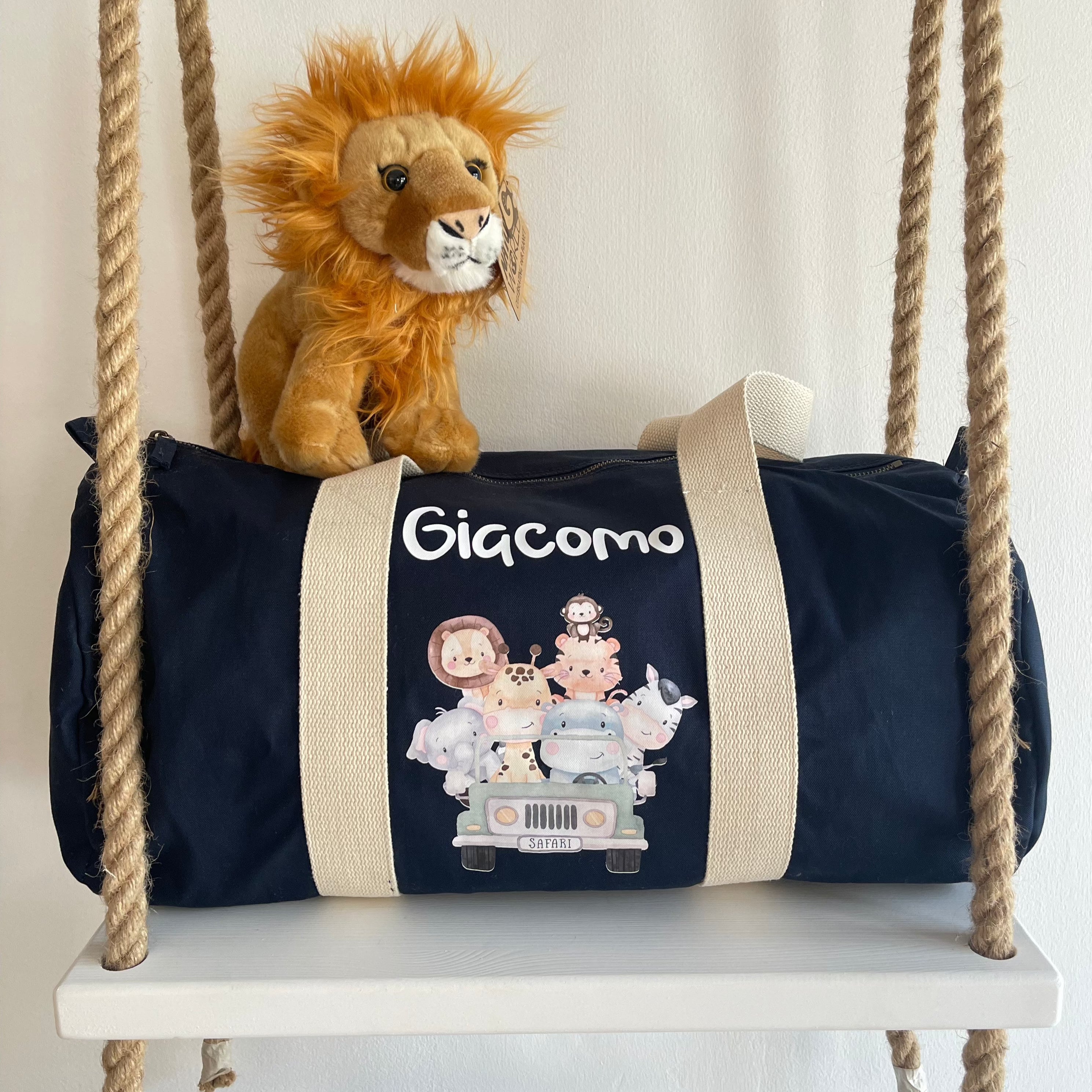 Borsone Baby in cotone canvas stampa Safari personalizzato con nome - Be Brave Boutique