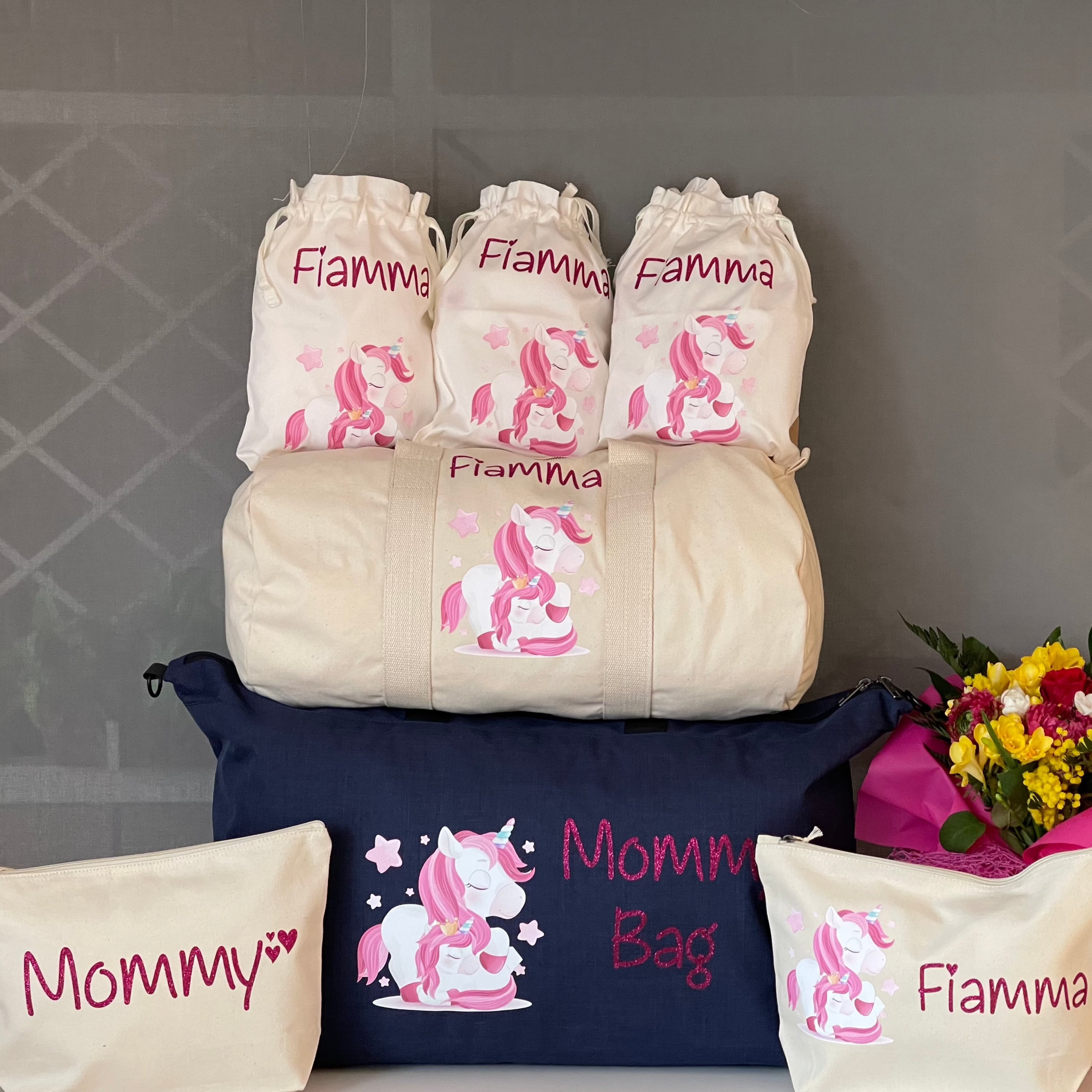 Set Borsone Family più Borsone Baby Unicorno Mamma - Be Brave Boutique