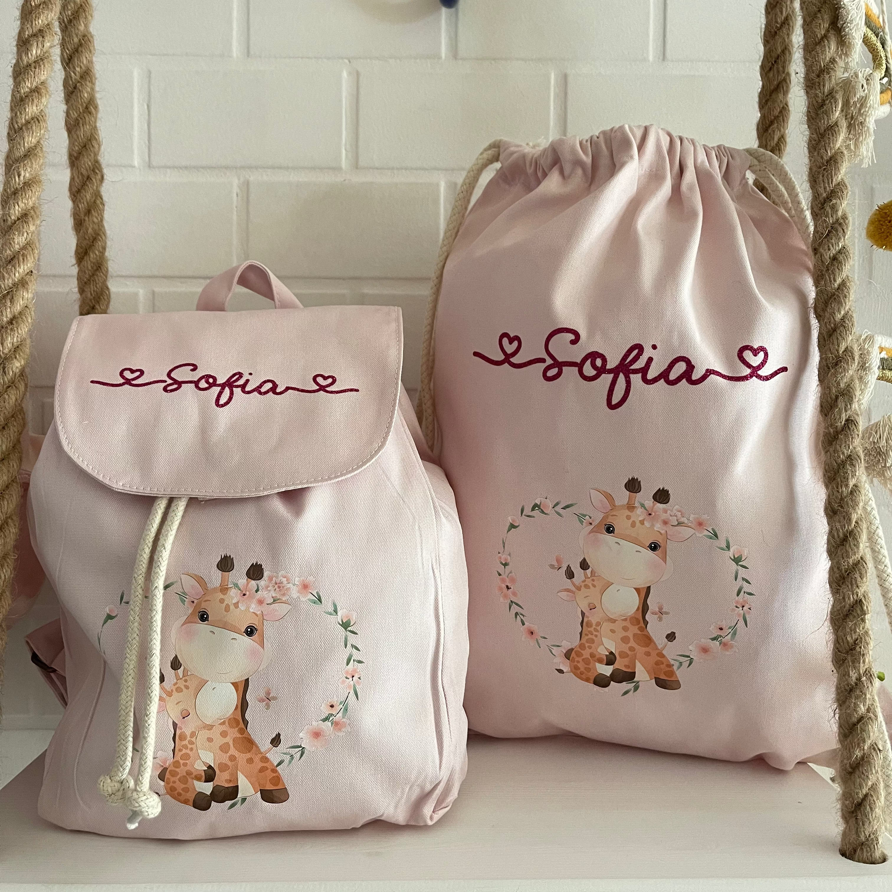 Mini Zaino in cotone e Sacca personalizzabile giraffine - Be Brave Boutique