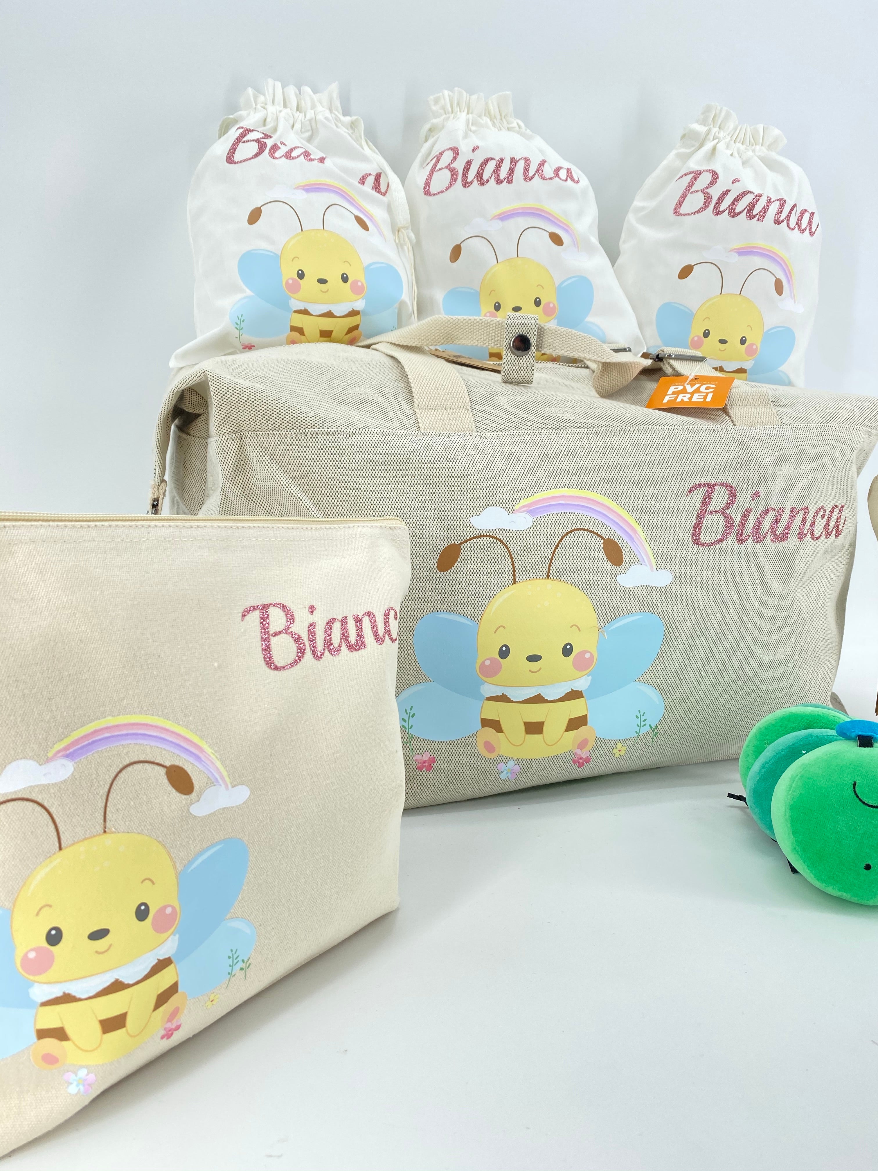 Borsone ape, 2 pochette MEDIE O LARGE e 3 sacchi in cotone organico ABBINATI E PERSONALIZZATI - Be Brave Boutique