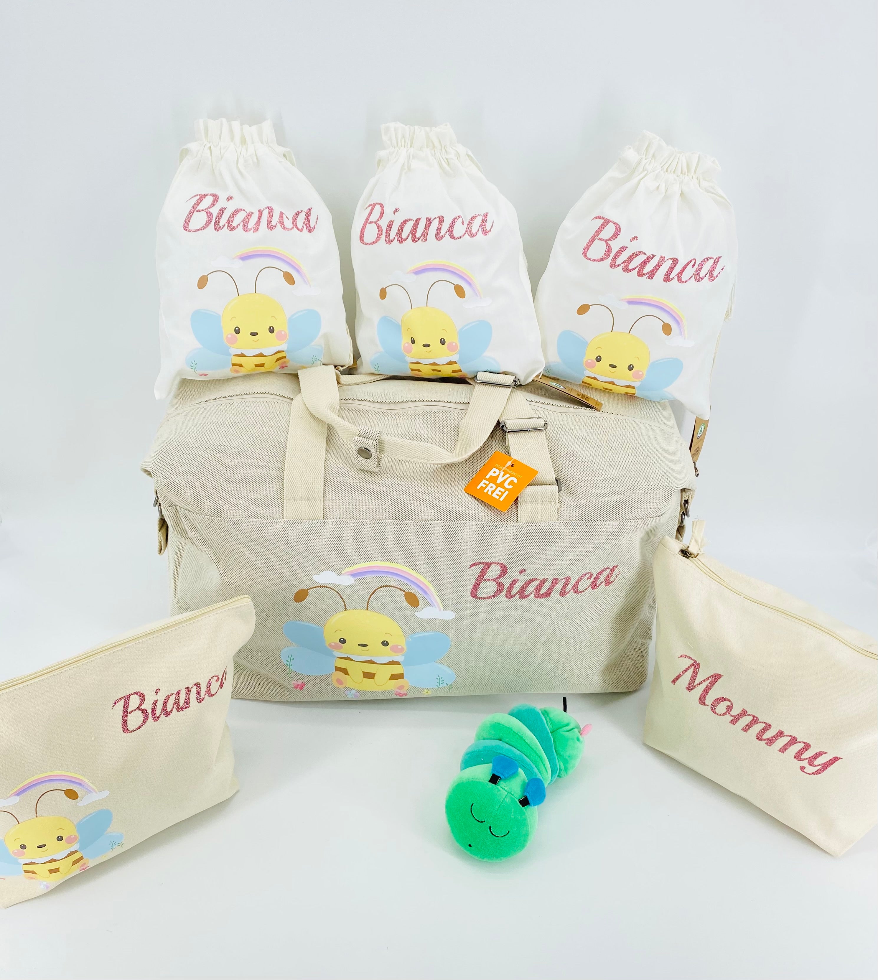 Borsone ape, 2 pochette MEDIE O LARGE e 3 sacchi in cotone organico ABBINATI E PERSONALIZZATI - Be Brave Boutique