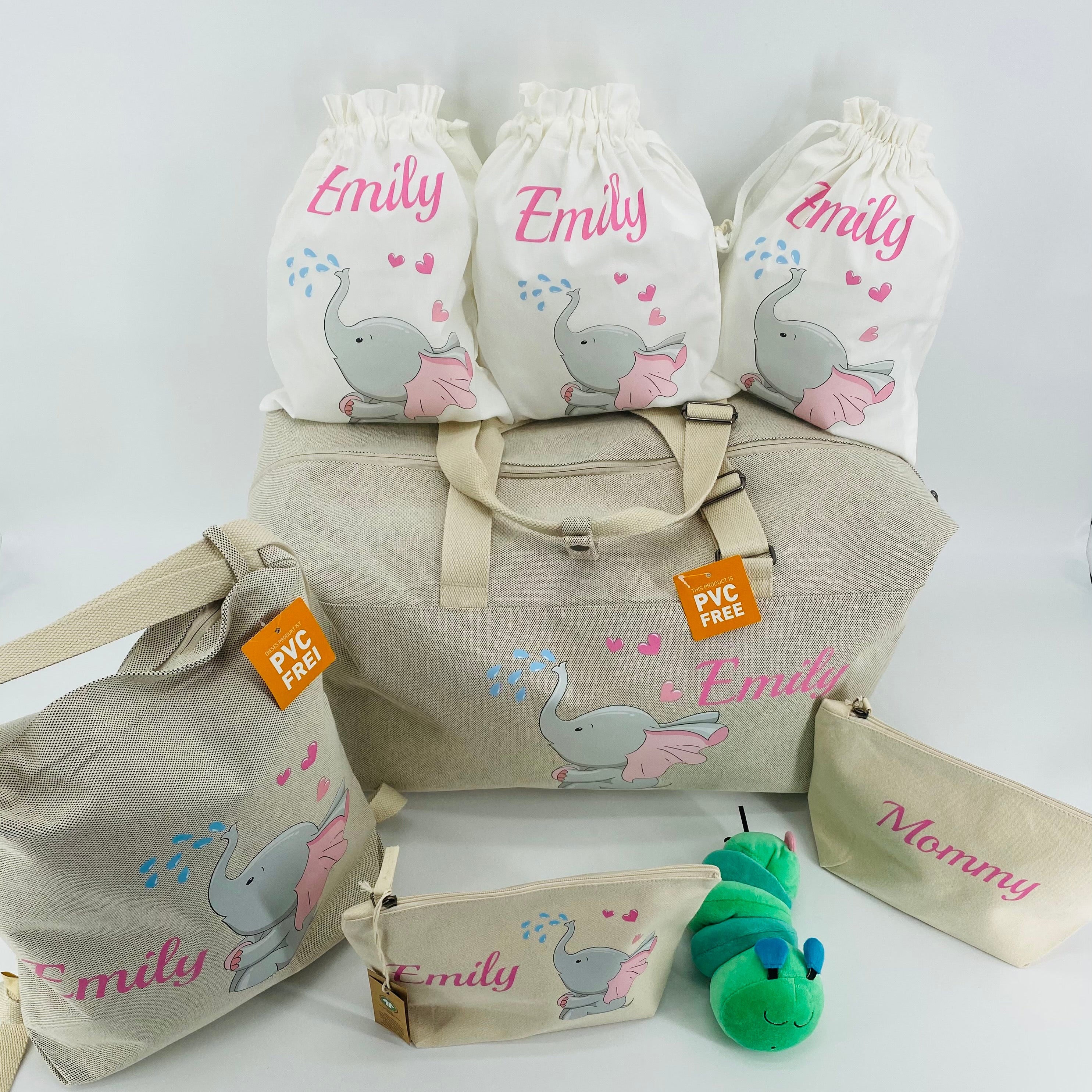 Borsone parto Elefantina, Borsa/zaino, 2 pochette e 3 sacchi in cotone organico omaggio - Be Brave Boutique