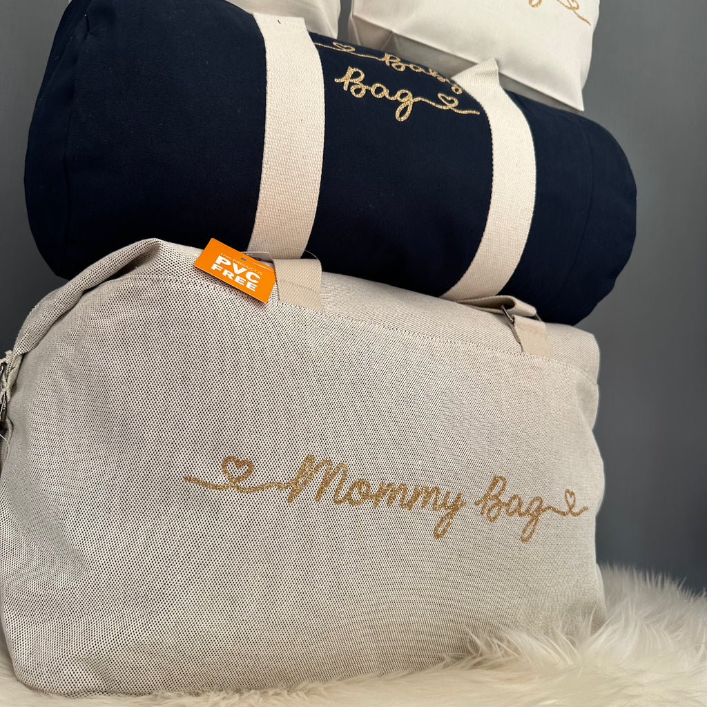 Borsone mamma, 1 borsone baby Blu e 2 Pochette con cuoricini Oro Glitter - Be Brave Boutique