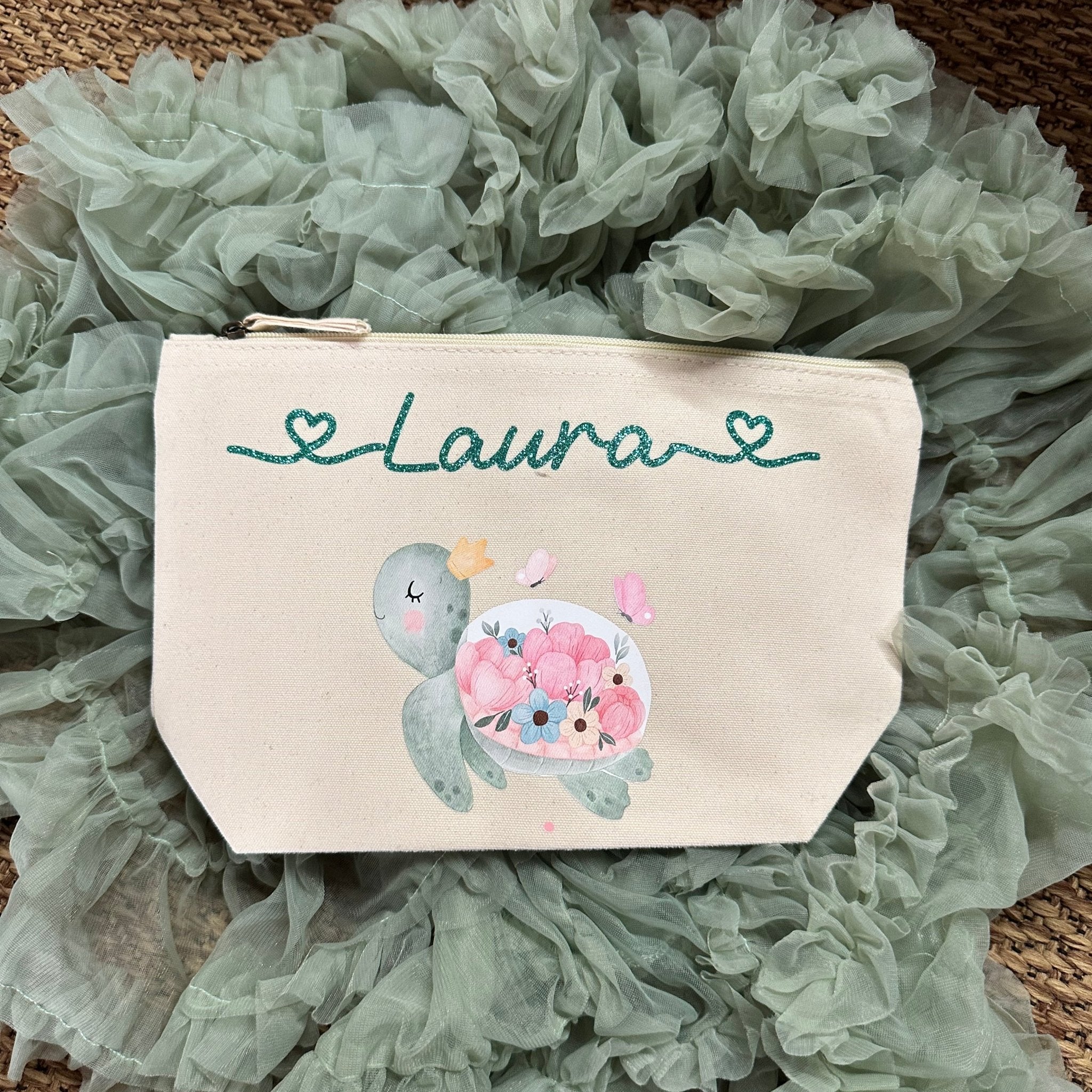 Pochette in cotone organico personalizzabile Tartaruga Fiori - Be Brave Boutique