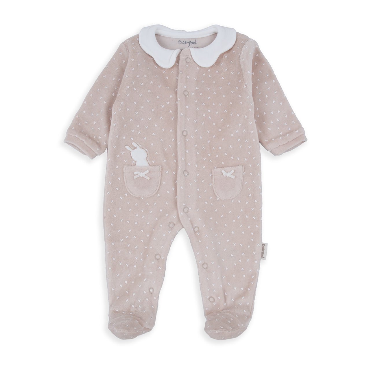 Tutina Neonato in Ciniglia Beige con Colletto Bianco e Taschine Coniglietto - Be Brave Boutique