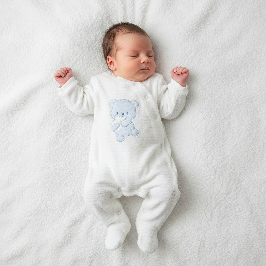 Tutina Neonato in Ciniglia Bianca con Orsetto azzurro
