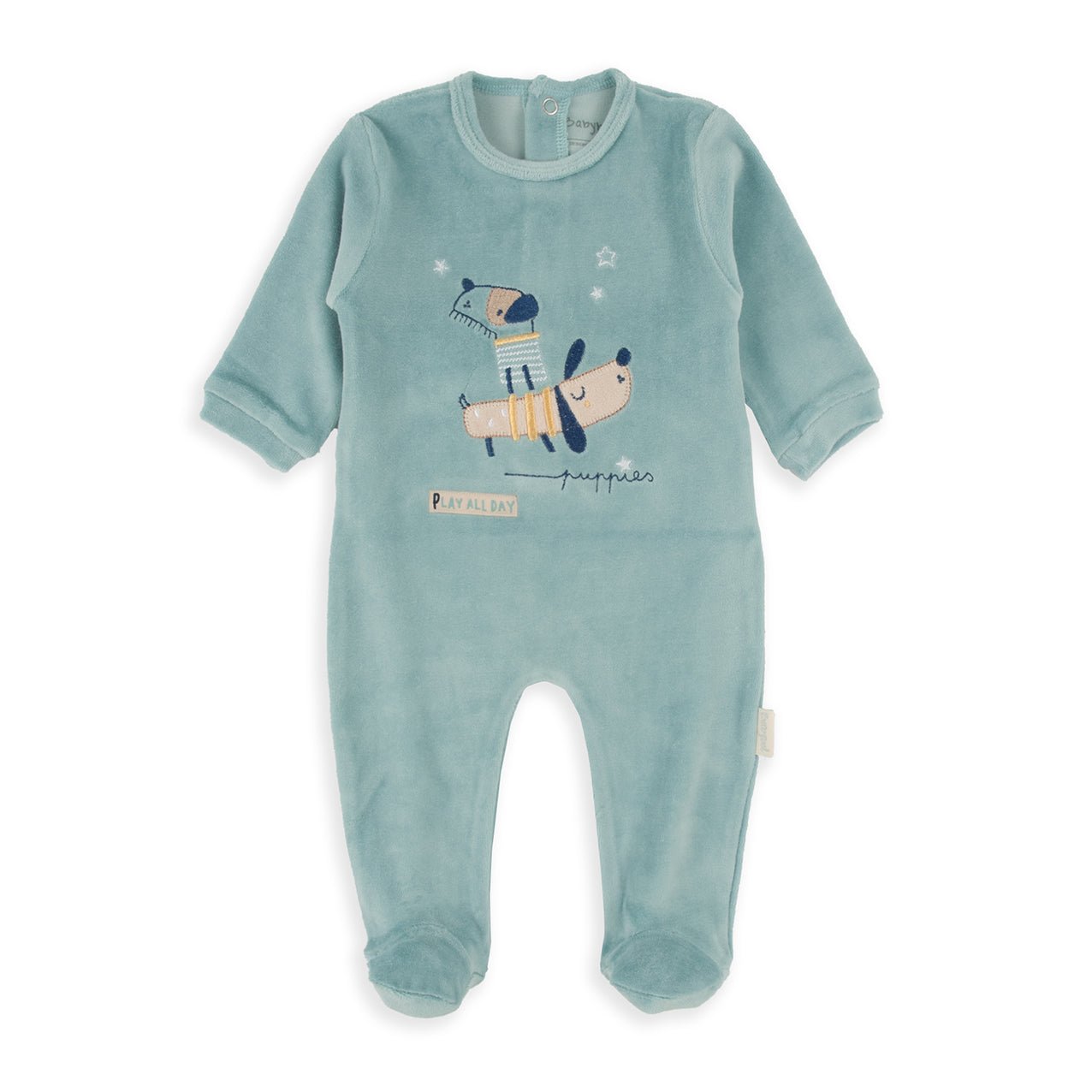 Tutina Neonato in Ciniglia Verde Acqua con Cagnolini “Play All Day” - Be Brave Boutique