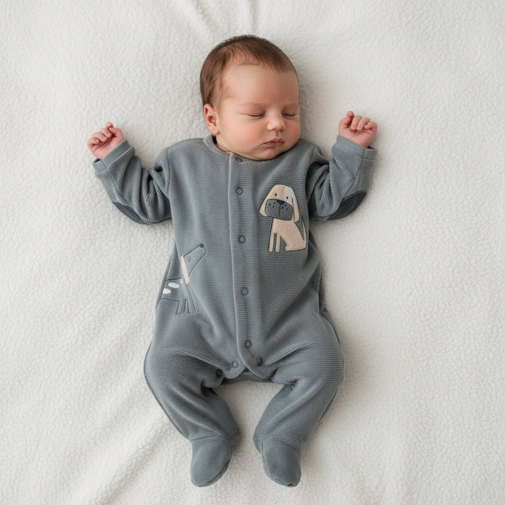Tutina Neonato in Ciniglia Grigia con Cagnolini e Piedini Risvoltabili