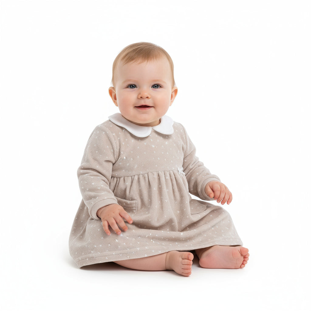 Abitino Neonato in Ciniglia Beige con Colletto Bianco