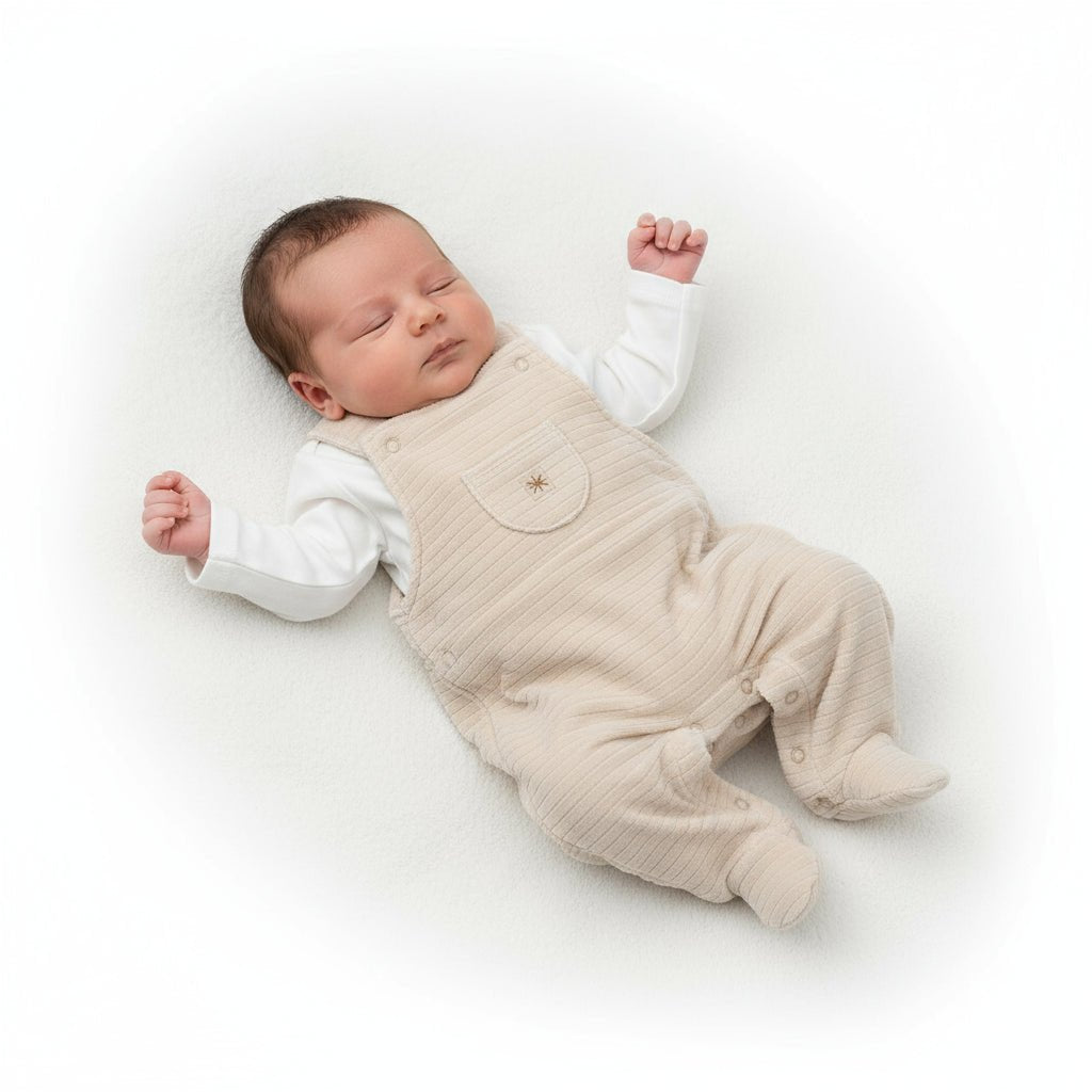 Completo Neonato Salopette in Ciniglia Beige con Maglia Bianca - Be Brave Boutique