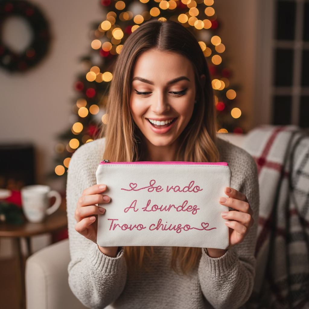 Pochette in cotone Beige zip rosa  Frase divertente idea regalo - Be Brave Boutique