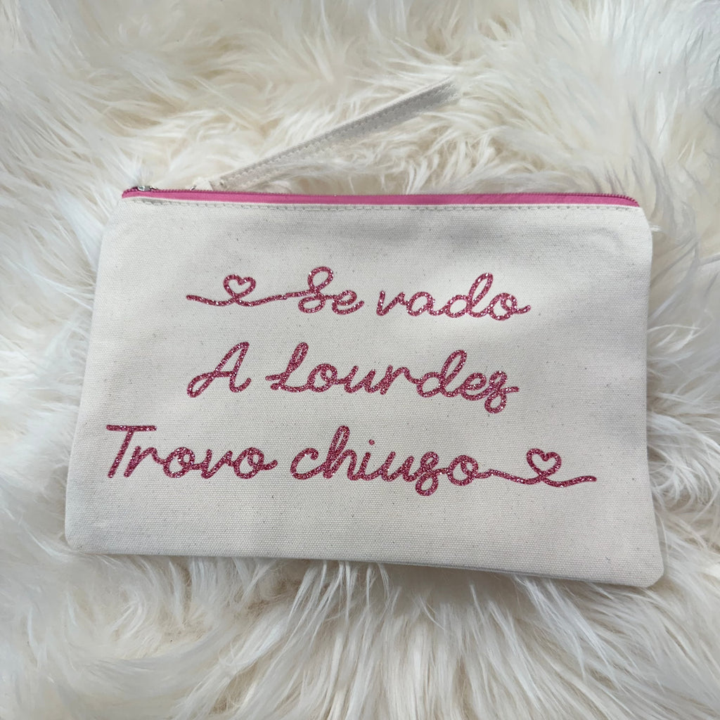 Pochette in cotone Beige zip rosa  Frase divertente idea regalo - Be Brave Boutique