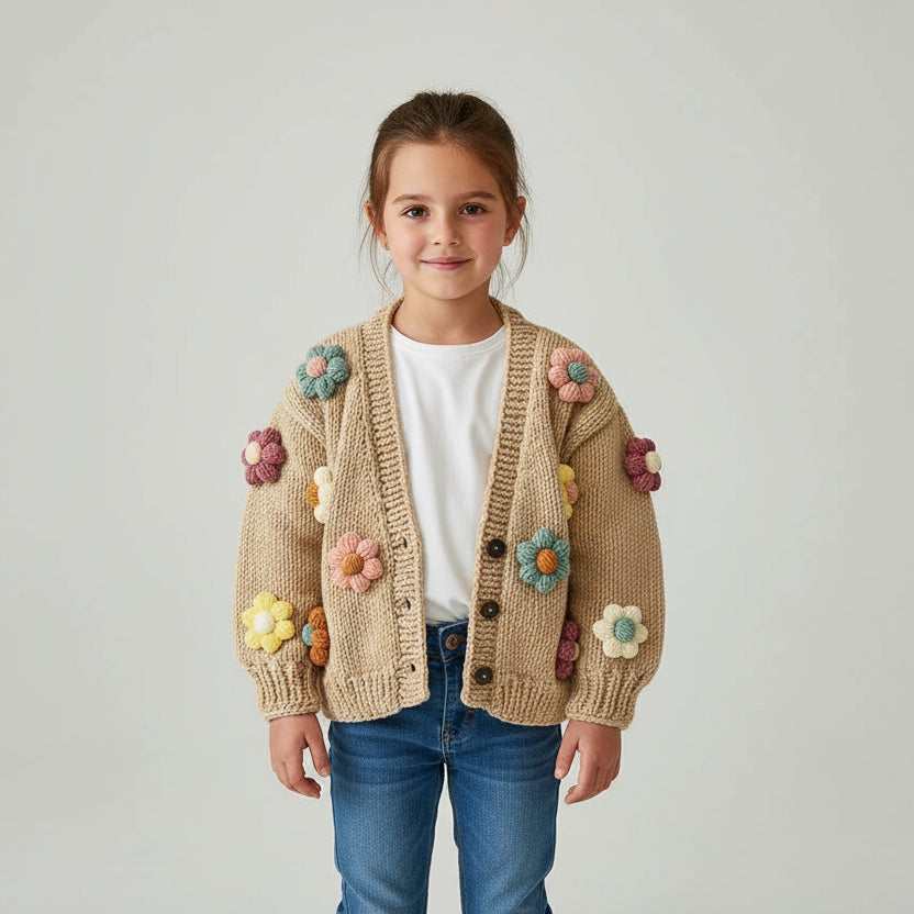 Cardigan per Bambina Fatto a Mano a Maglia con Fiori di Margherita - Be Brave Boutique