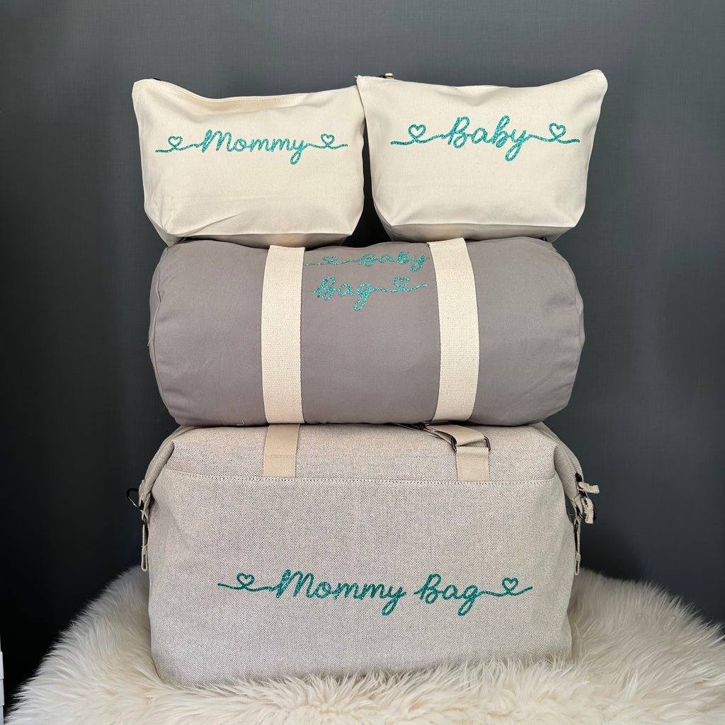 Borsone mamma, 1 borsone baby Grey e 2 Pochette con cuoricini Tiffany Glitter - Be Brave Boutique