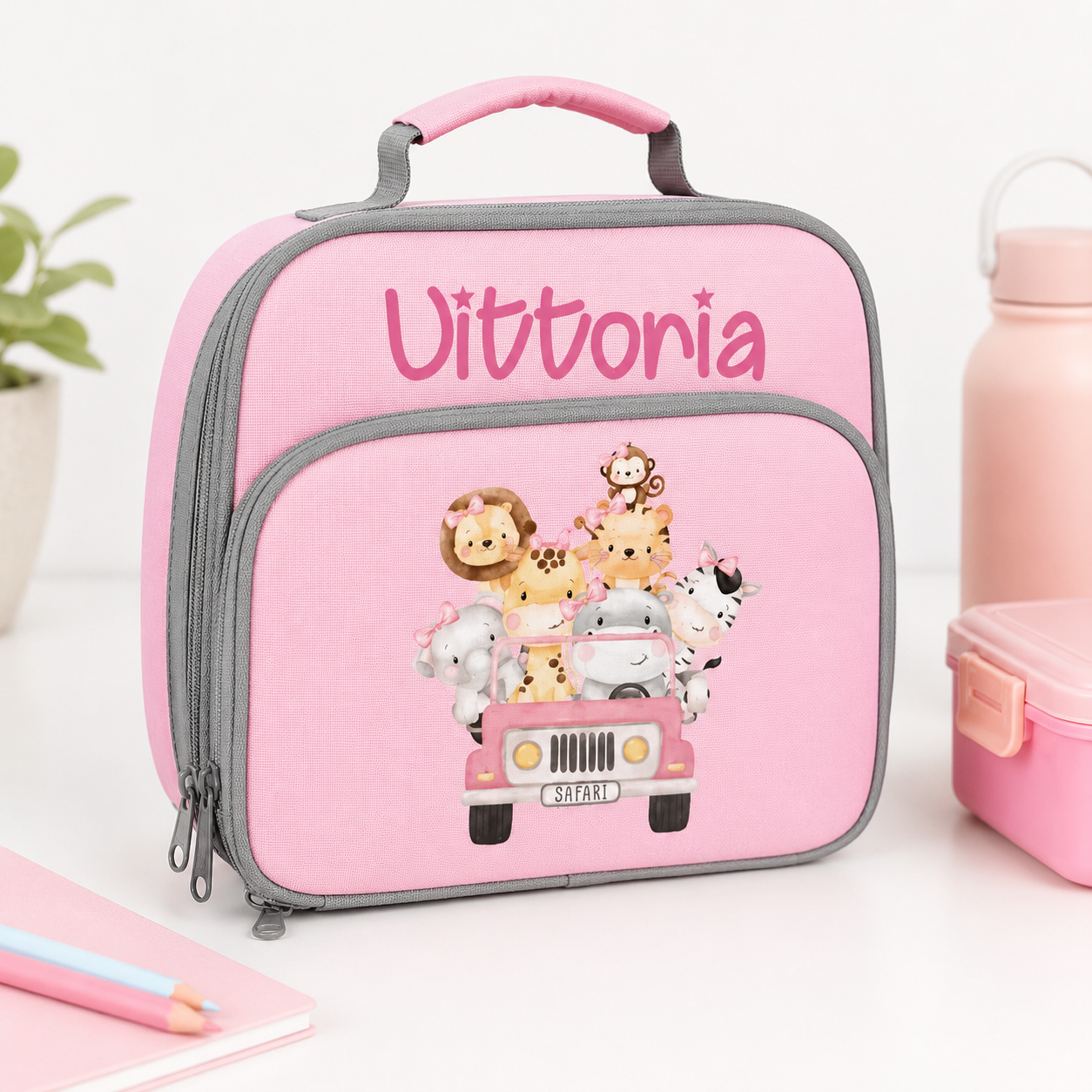 Porta Merenda per Bambini personalizzabile Safari Rosa