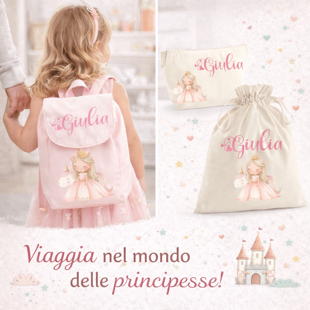 Set Asilo Completo Personalizzato – Mini Zaino, Sacchetto e Beauty Bambino Principessa Unicorno