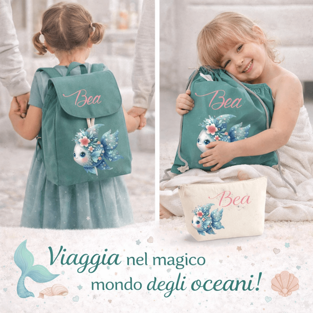 SUPER Set Asilo Completo Personalizzato – Mini Zaino, Sacchetto Beauty Bambino  Pesciolina  Azzurra