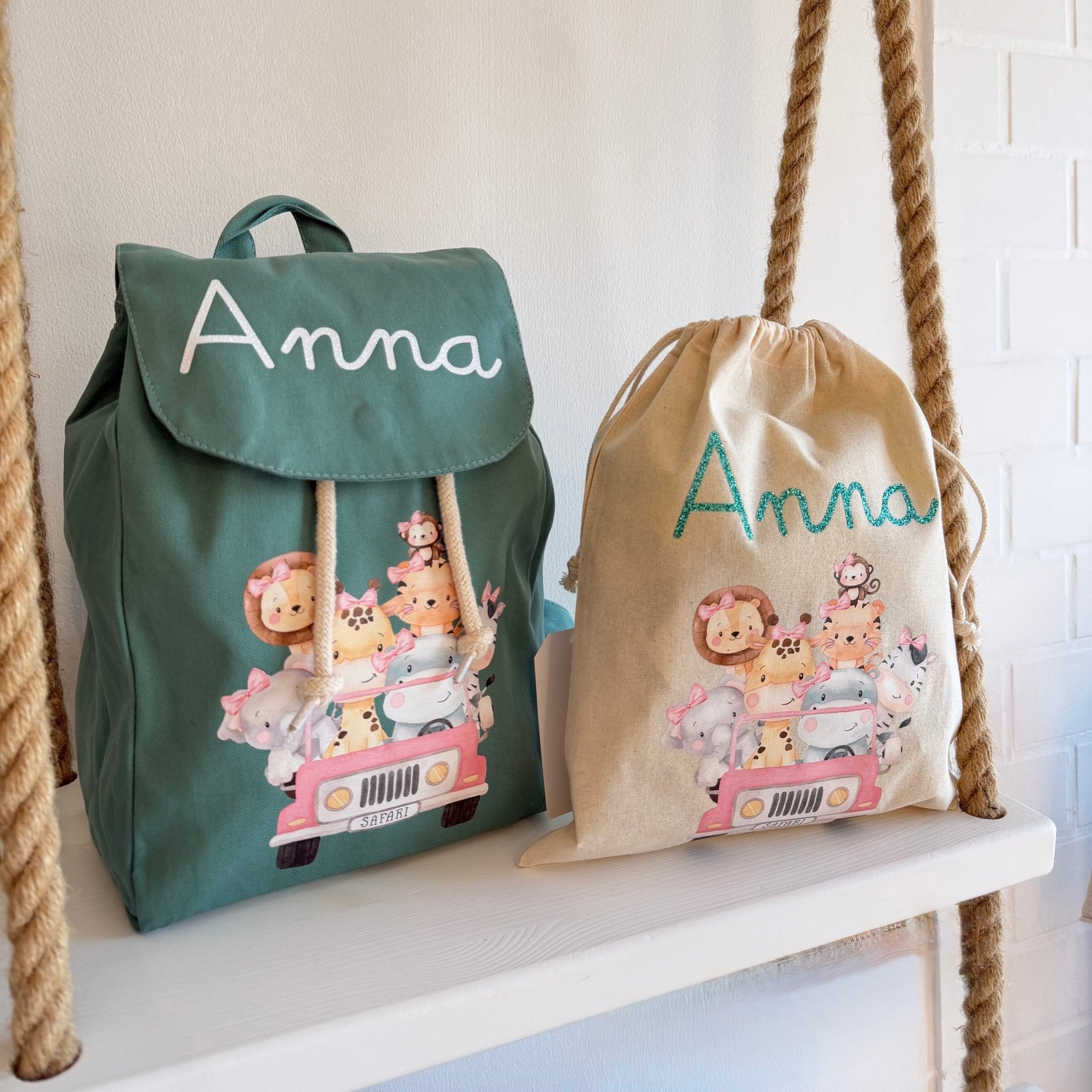 Set asilo personalizzabile Mini Zaino, Sacchetto cambi e beauty Safari Rosa - Be Brave Boutique