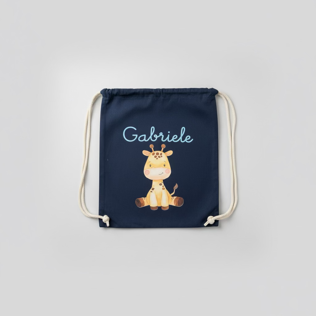 Zaino Sacca Asilo Personalizzato – Bambino con Nome Cucciolo di Giraffa
