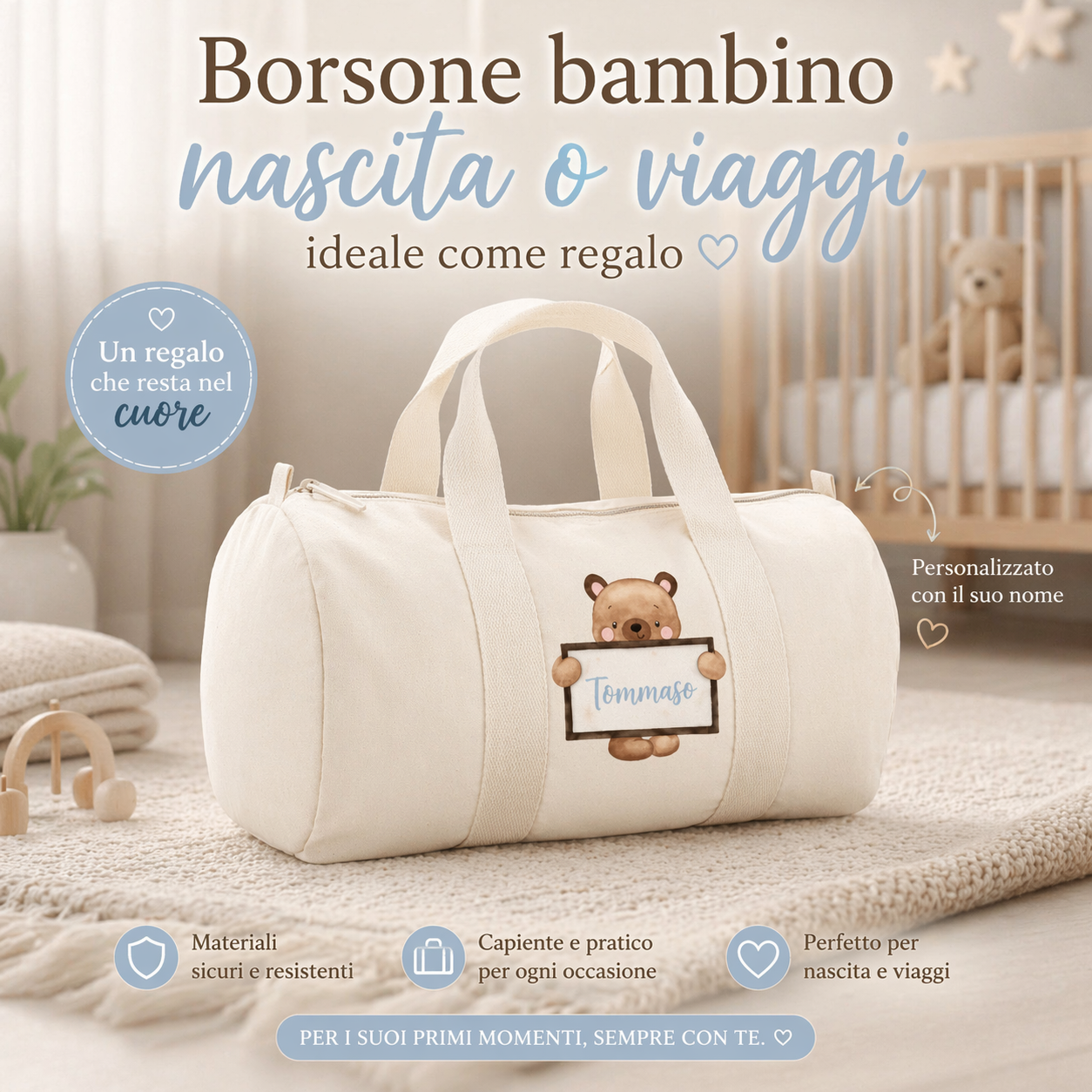 Borsone Nascita Personalizzato  in Cotone Orsetto Lavagna