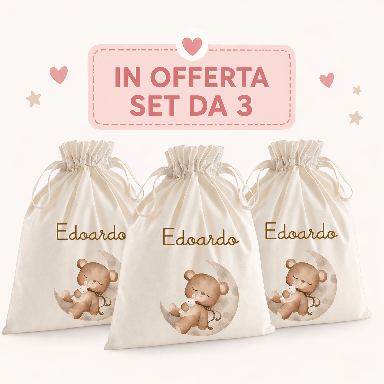 Sacchetto Nascita Neonato Personalizzato – Ideale per Cambio, Ospedale e Asilo Orso su Luna