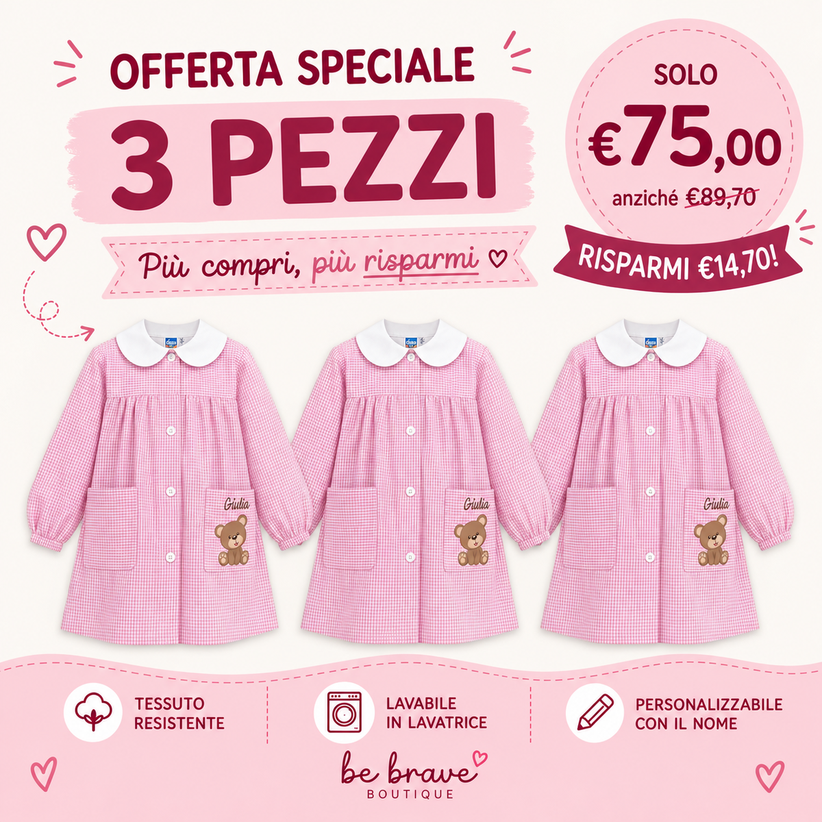 Grembiule Asilo Bambina Personalizzato –  con Nome Siggi Orsetto