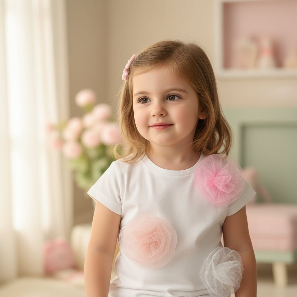 Tshirt Panna in morbido cotone con rose in tulle White-Dusty-Powder - Be Brave Boutique