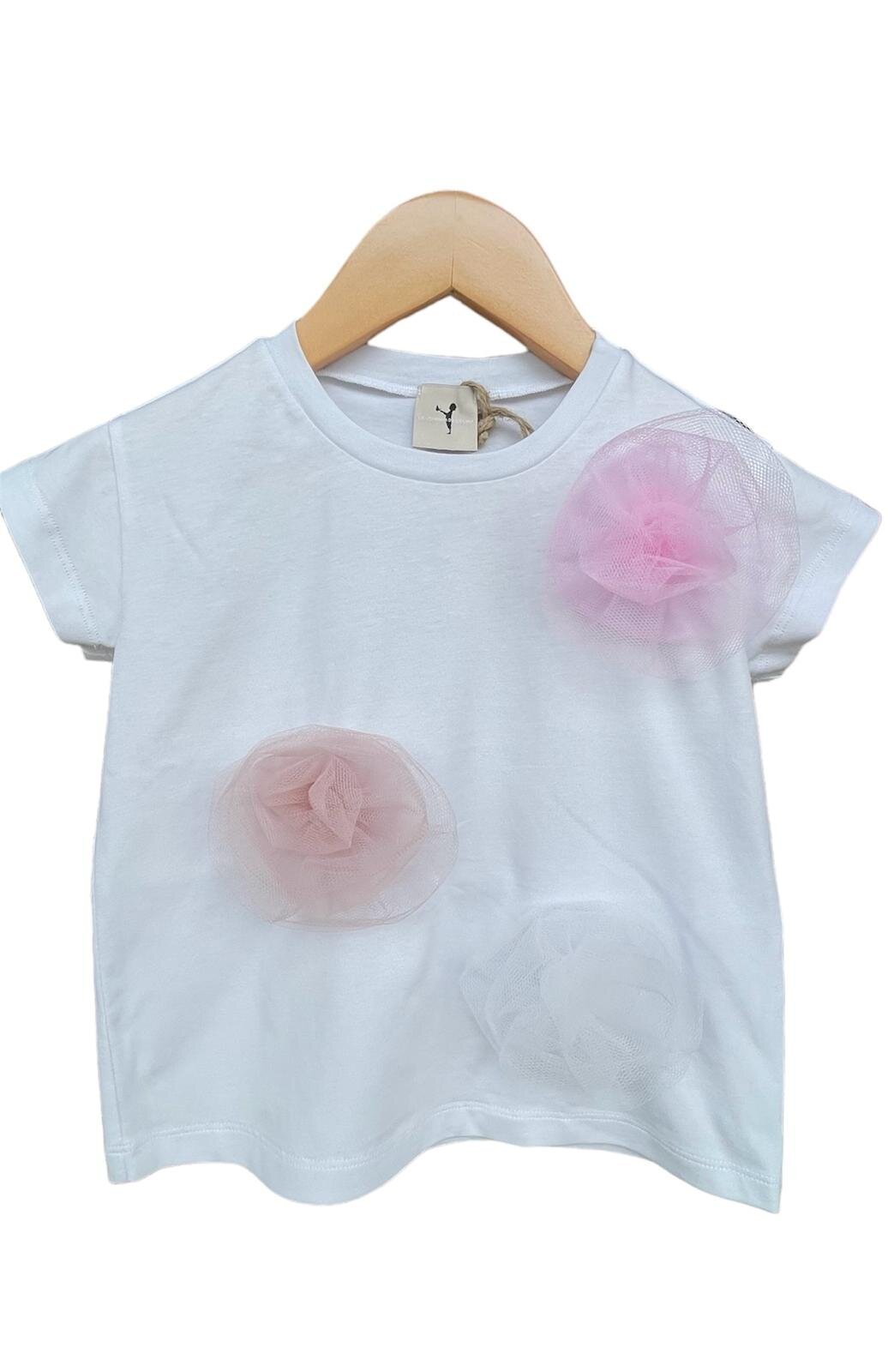 Tshirt Panna in morbido cotone con rose in tulle White-Dusty-Powder