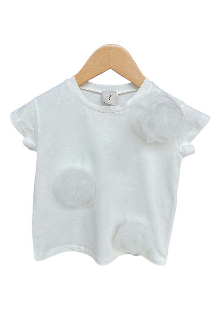 Tshirt Panna in morbido cotone con rose in tulle - Be Brave Boutique