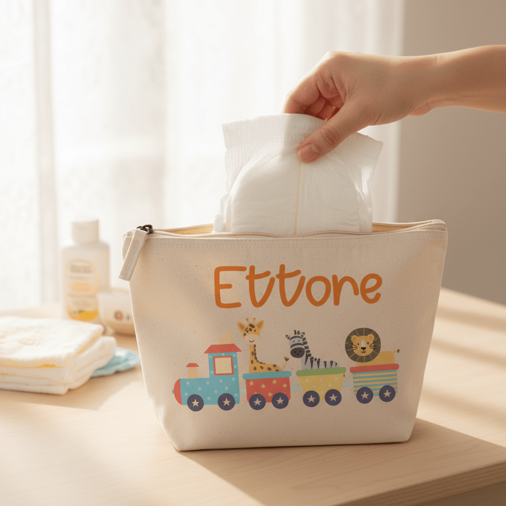 Pochette in cotone organico personalizzabile Trenino - Be Brave Boutique