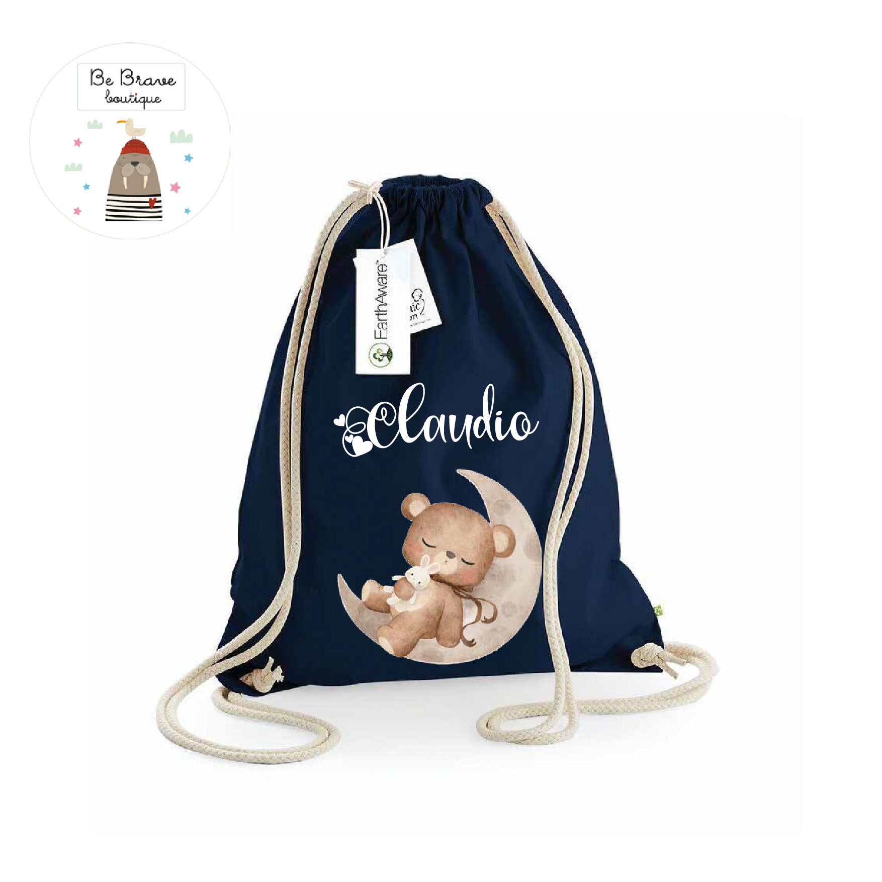 Zaino Sacca Asilo Personalizzato – Bambino Orso su Luna