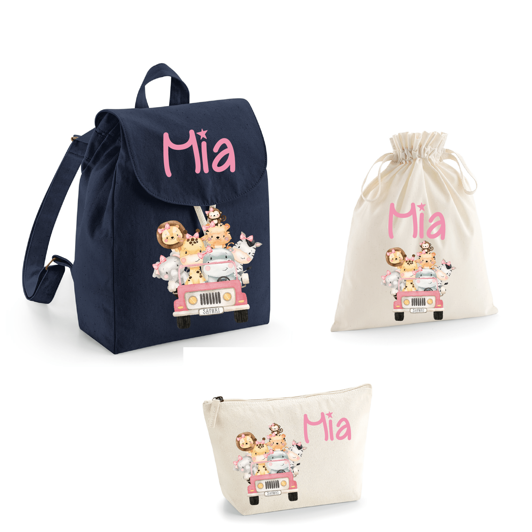 Set asilo Mini Zaino, Sacchetto cambi e beauty Safari Rosa - Be Brave Boutique