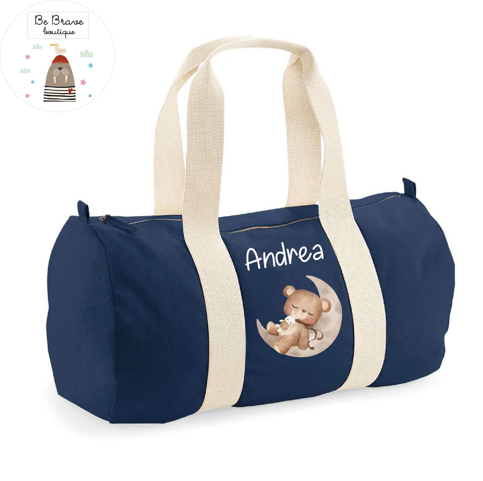 Borsone Nascita o viaggi Personalizzato in Cotone Orso su Luna
