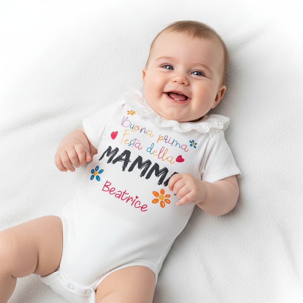 Body Bimba in cotone manica corta con colletto Buona prima festa della Mamma - Be Brave Boutique