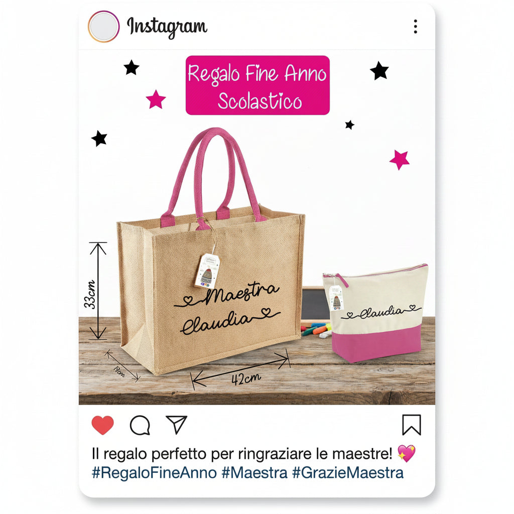 Shopper Borsa In Cotone Beige Per Maestra Inglese, Nido O Materna - Idea Regalo Di Natale O Fine Anno, Made In Italy. Dimensioni 38x42 Cm.