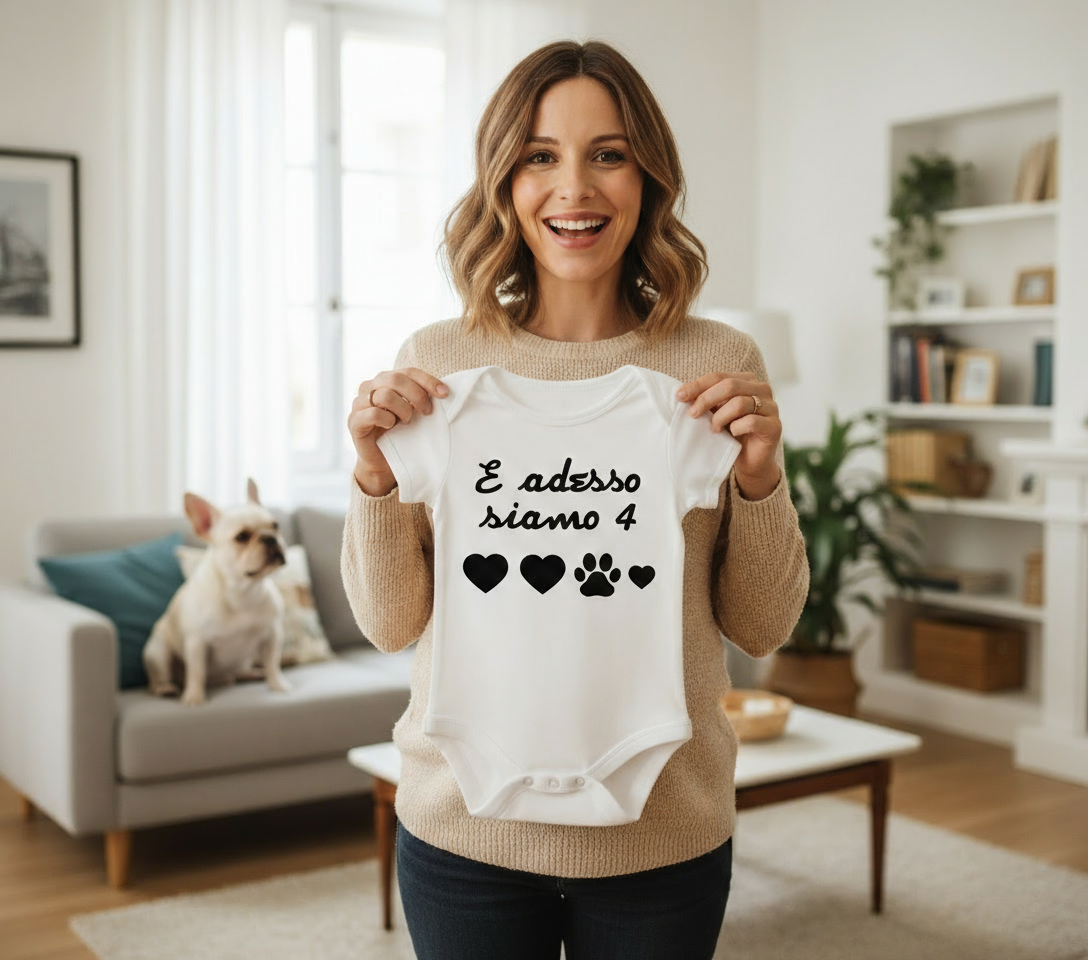Body 100% cotone idea regalo nascita adesso siamo in 4 zampa