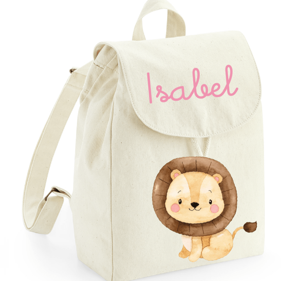 CrisArt Zaino Personalizzato Per Bambini In Cotone Biologico - Con Nome Ricamato, Orsetto/Leone, Per Asilo Nido E Passeggiate