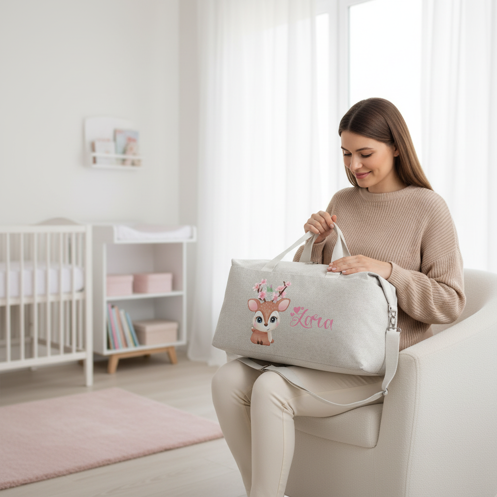 Borsone Mamma per Ospedale e Nascita – Mommy Bag Personalizzabile con Nome Cerbiatto fiori di Pesco
