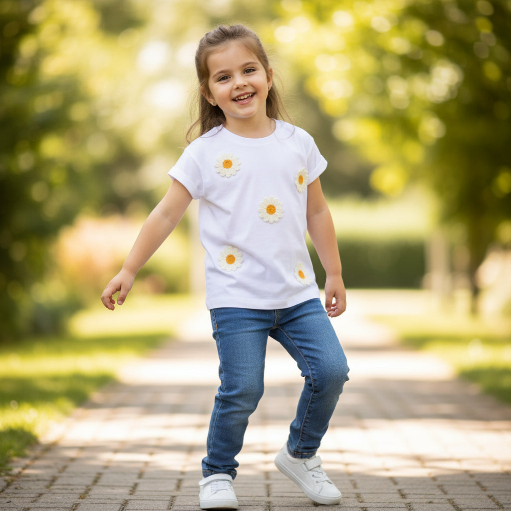 T-shirt in Cotone con Margherite Ricamate - Be Brave Boutique