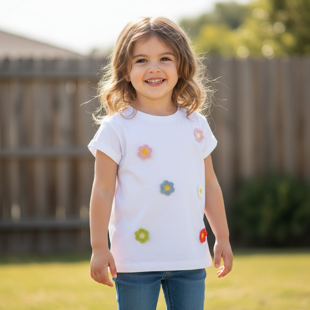 T-shirt in Cotone con Fiori Ricamati Colorati - Be Brave Boutique