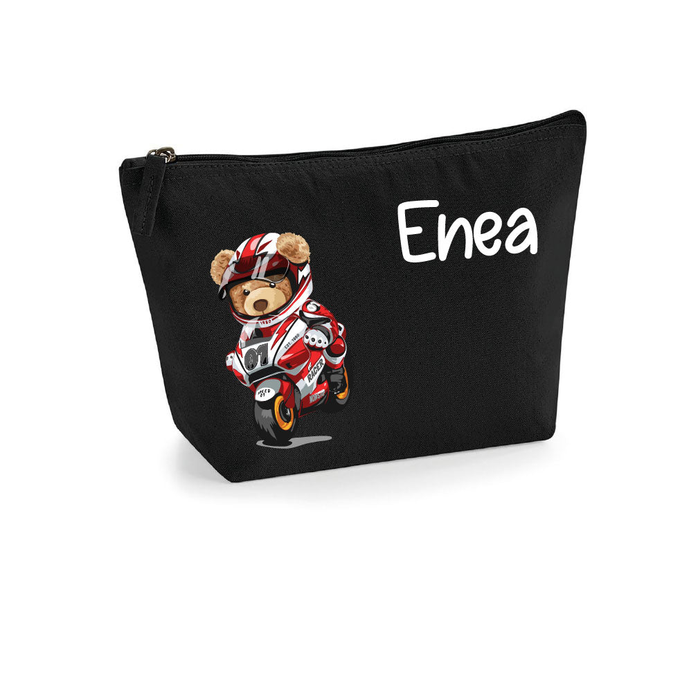 Pochette in cotone organico personalizzabile Orsetto in Moto - Be Brave Boutique