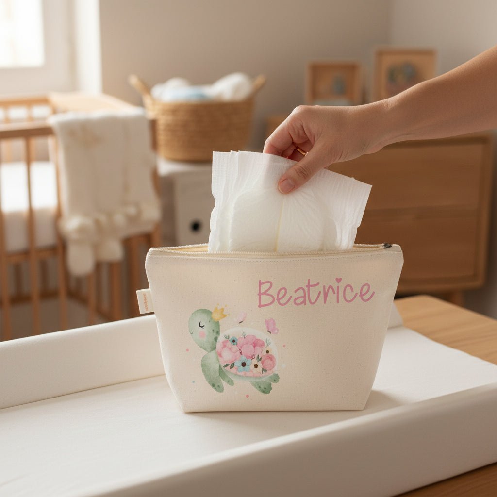 Pochette in cotone organico personalizzabile Tartaruga Fiori - Be Brave Boutique