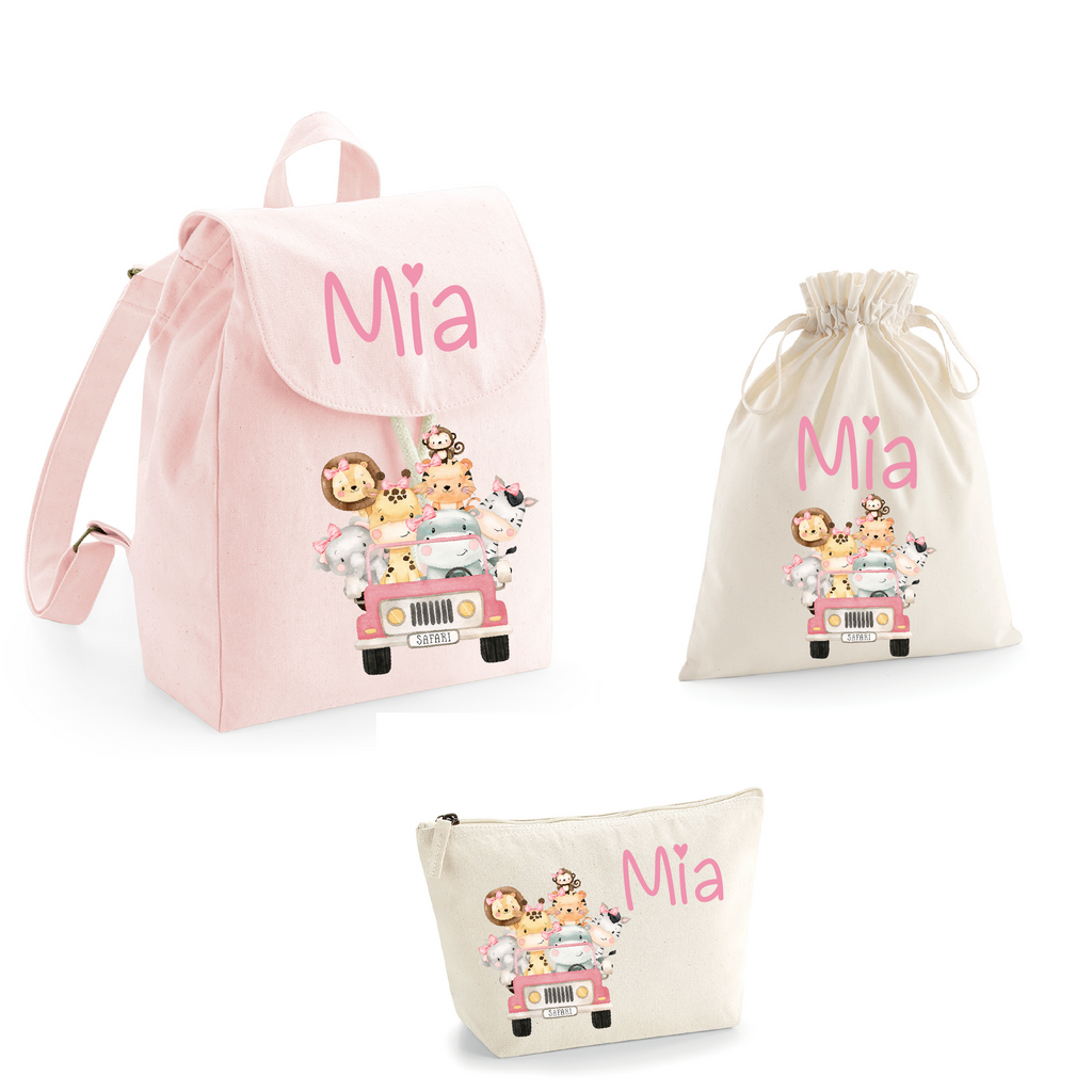 Set asilo Mini Zaino, Sacchetto cambi e beauty Safari Rosa - Be Brave Boutique