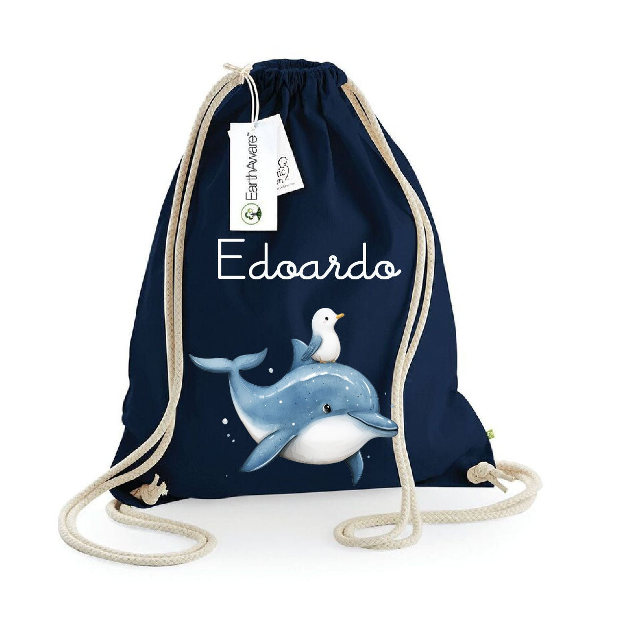 Zaino Sacca Asilo Personalizzato – Bambino con Nome Dolce Delfino